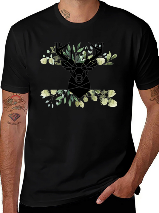 Floral Deer Head Graphic Black T-Shirt