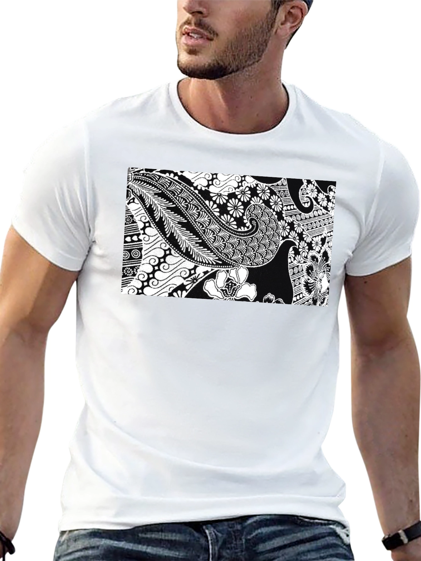 Black T-Shirt with Floral Paisley Print