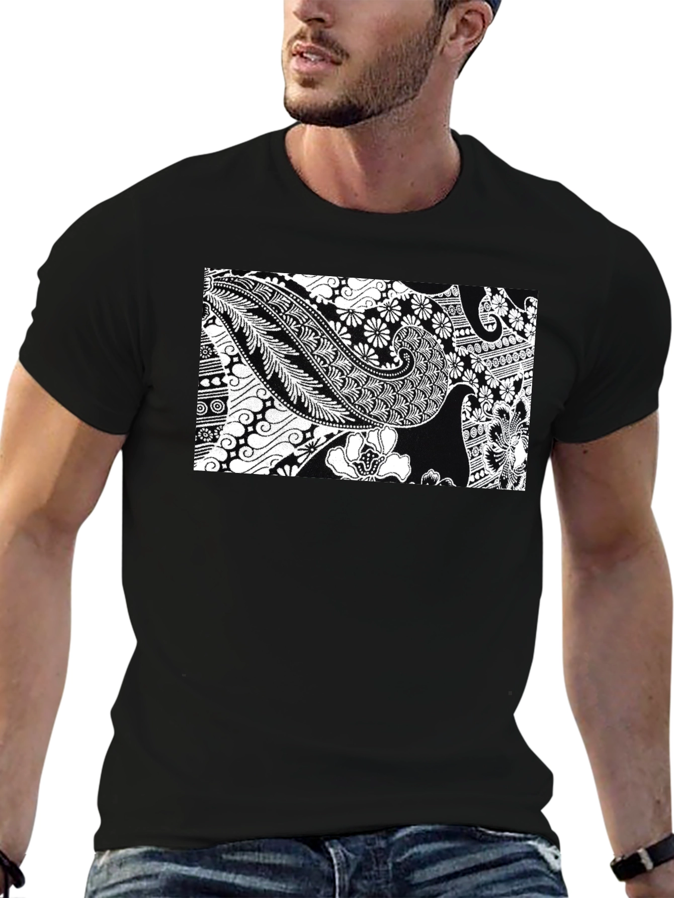 Black T-Shirt with Floral Paisley Print