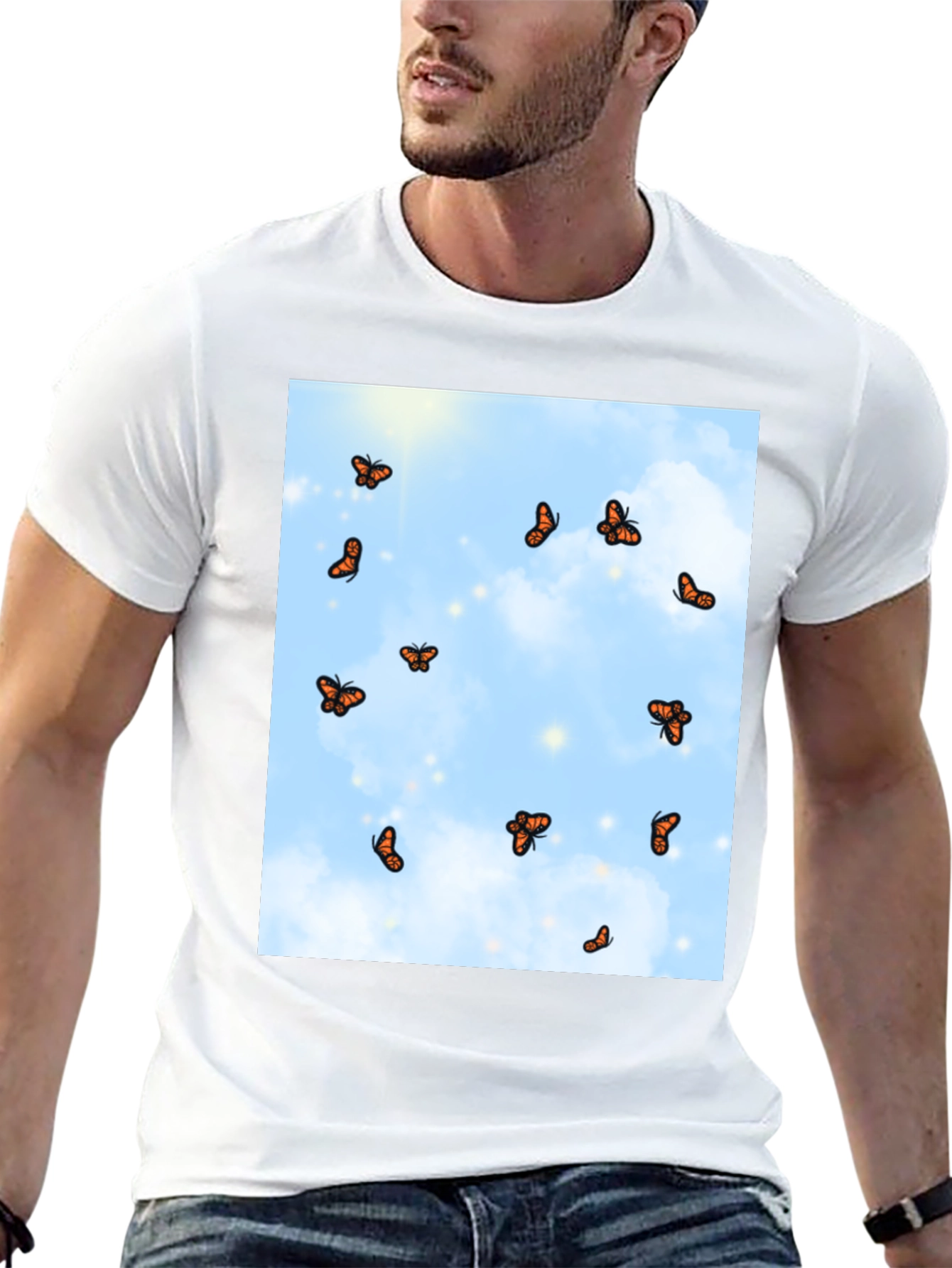 Butterfly Sky Print Black T-Shirt