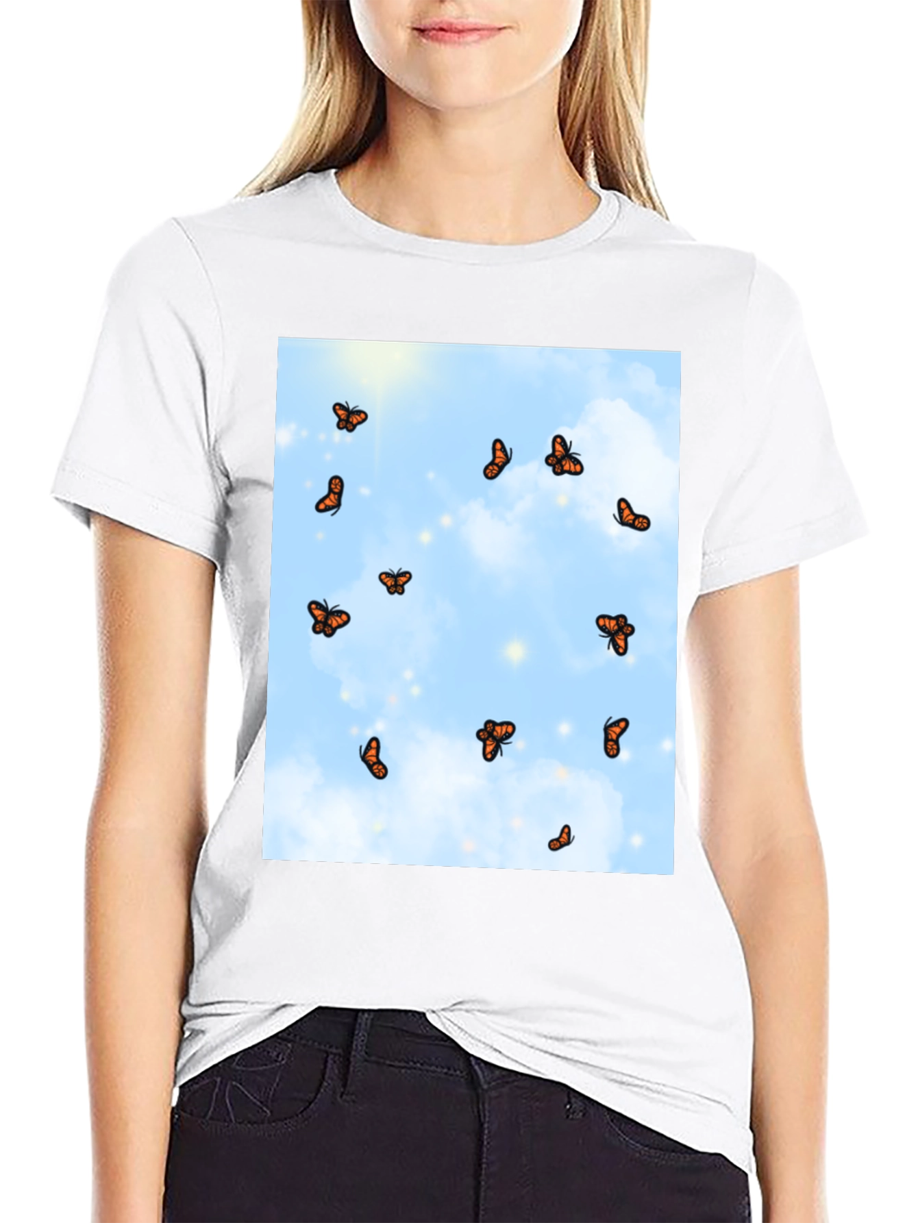 Butterfly Sky Print Black T-Shirt