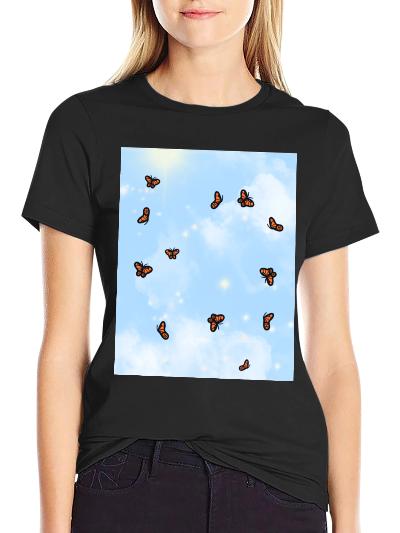 Butterfly Sky Print Black T-Shirt
