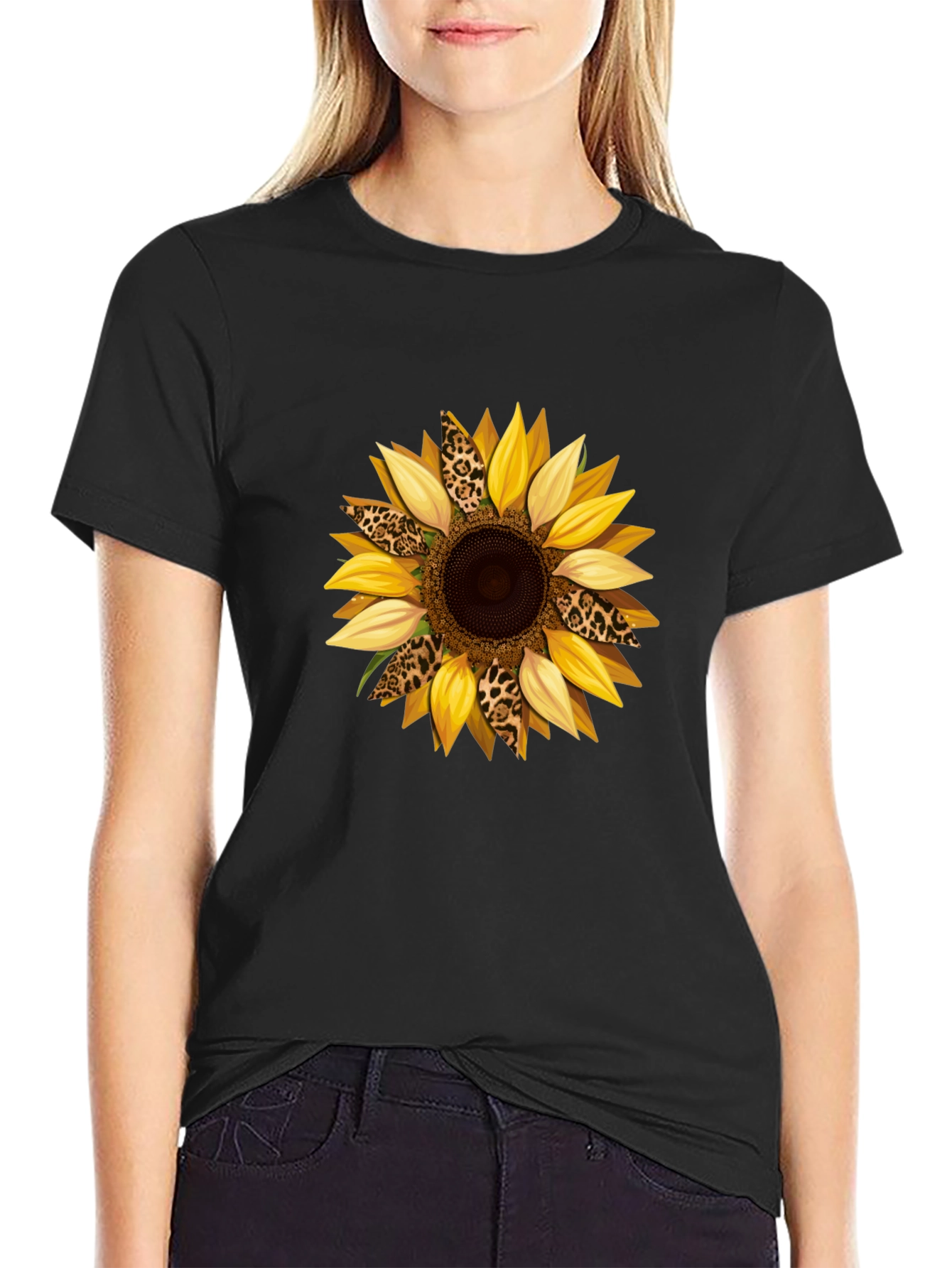 Sunflower Leopard Print Graphic T-Shirt - Black