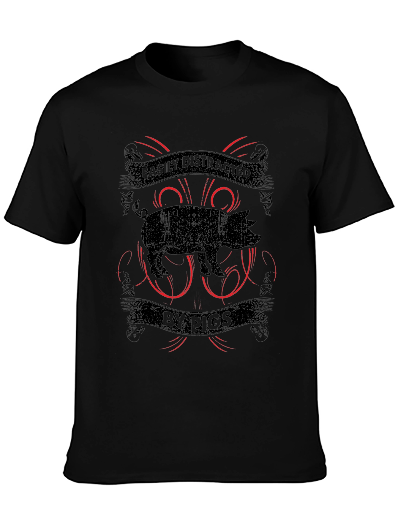 Easily Distracted By Pigs Black Graphic T-Shirt