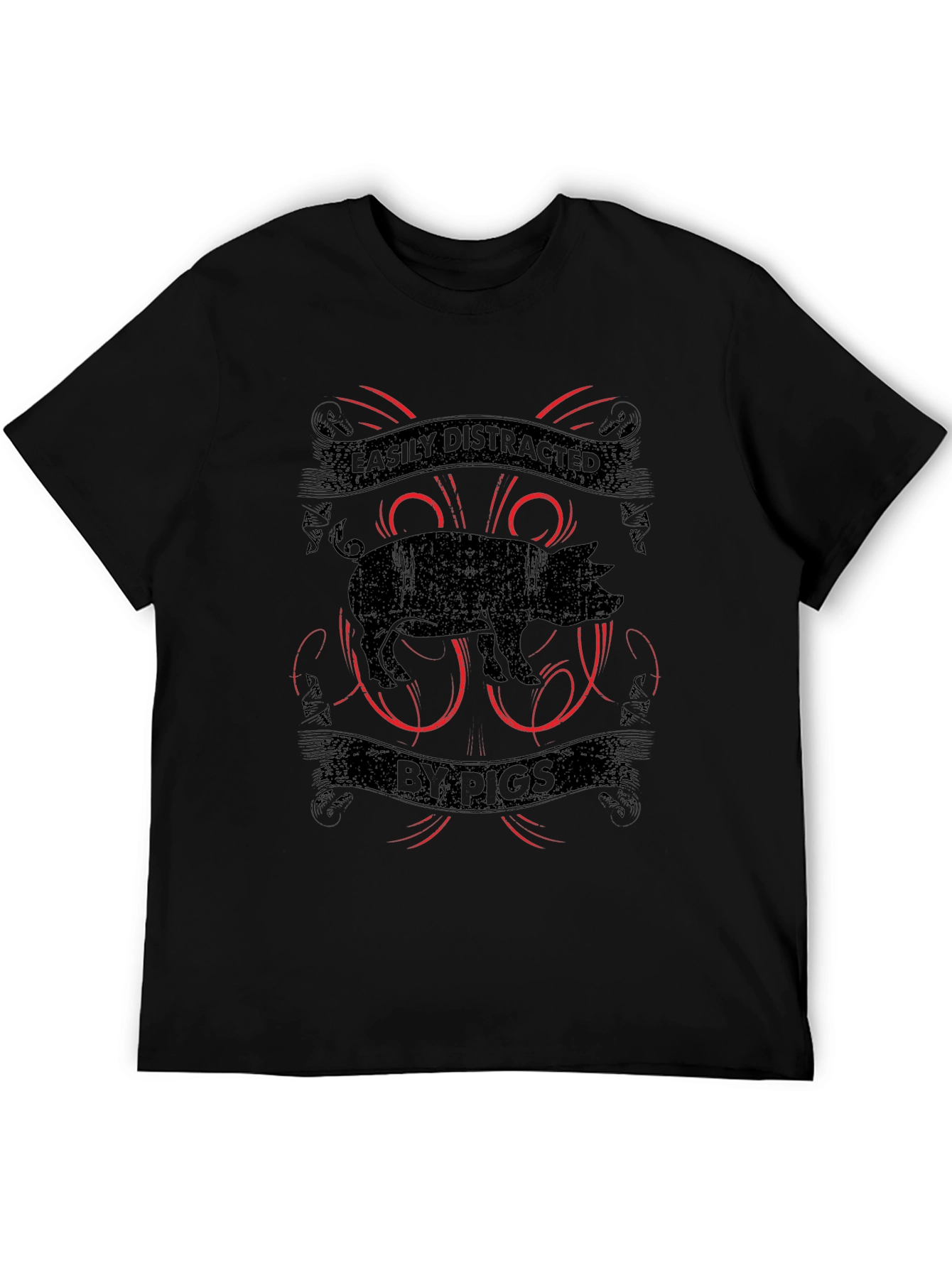 Easily Distracted By Pigs Black Graphic T-Shirt