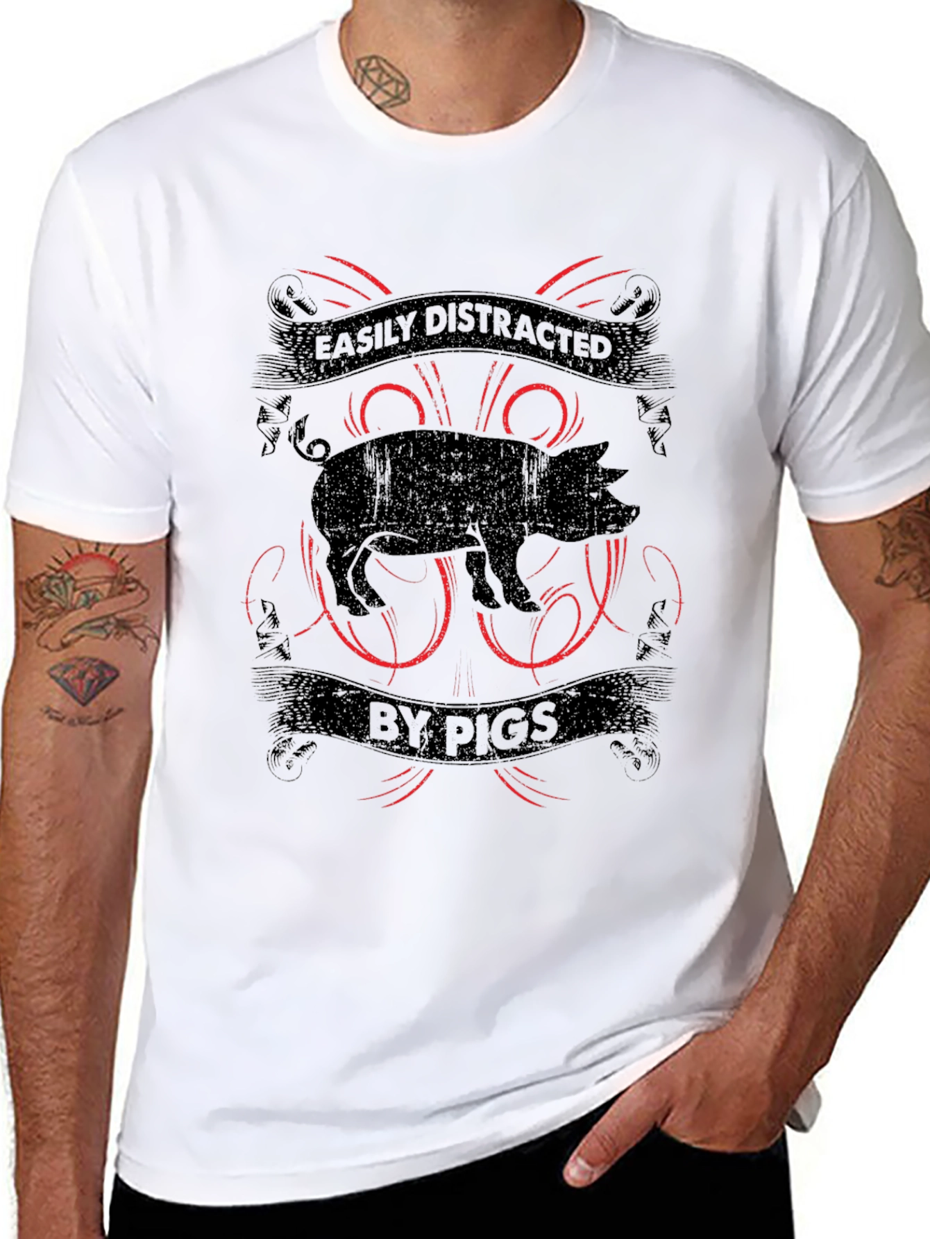 Easily Distracted By Pigs Black Graphic T-Shirt