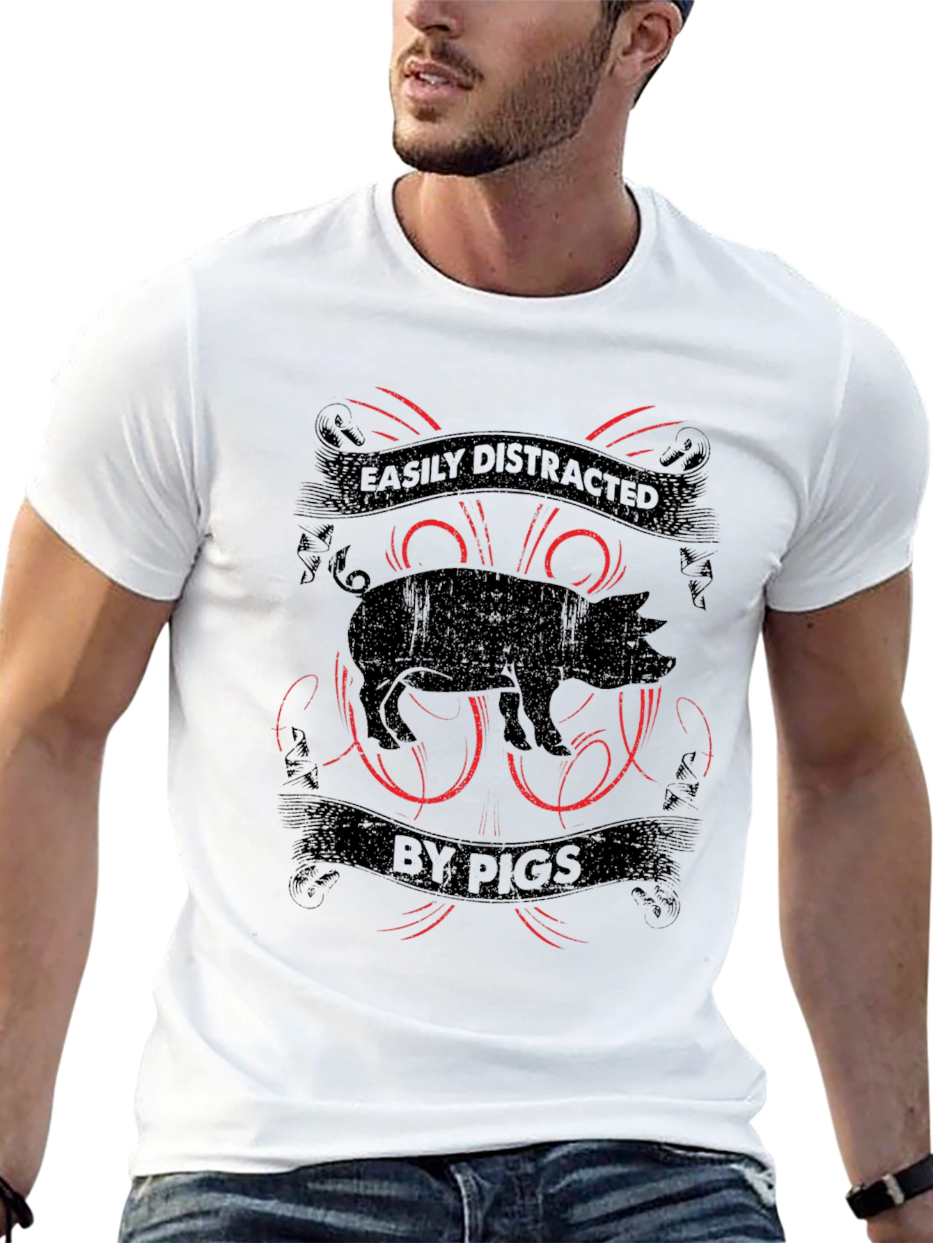 Easily Distracted By Pigs Black Graphic T-Shirt