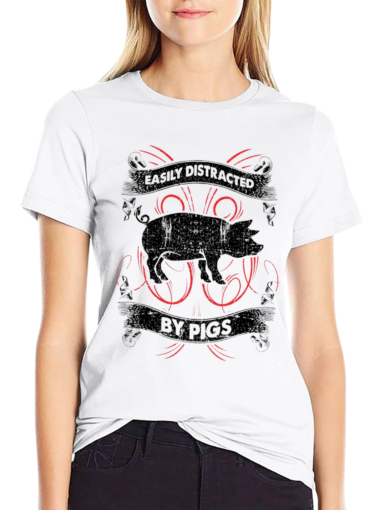 Easily Distracted By Pigs Black Graphic T-Shirt