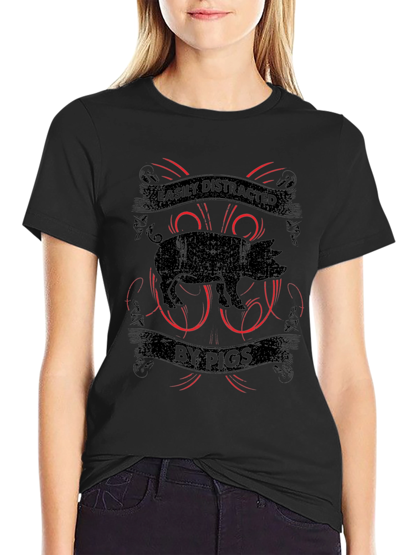 Easily Distracted By Pigs Black Graphic T-Shirt