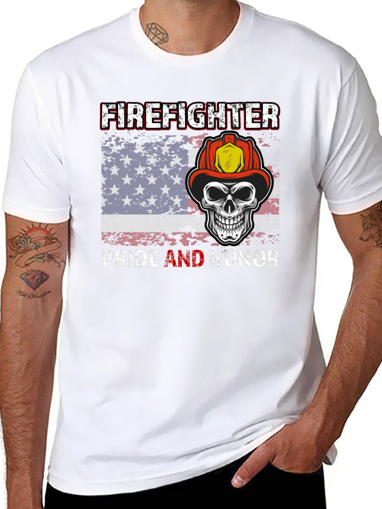 Firefighter Pride T-Shirt Skull & American Flag Design