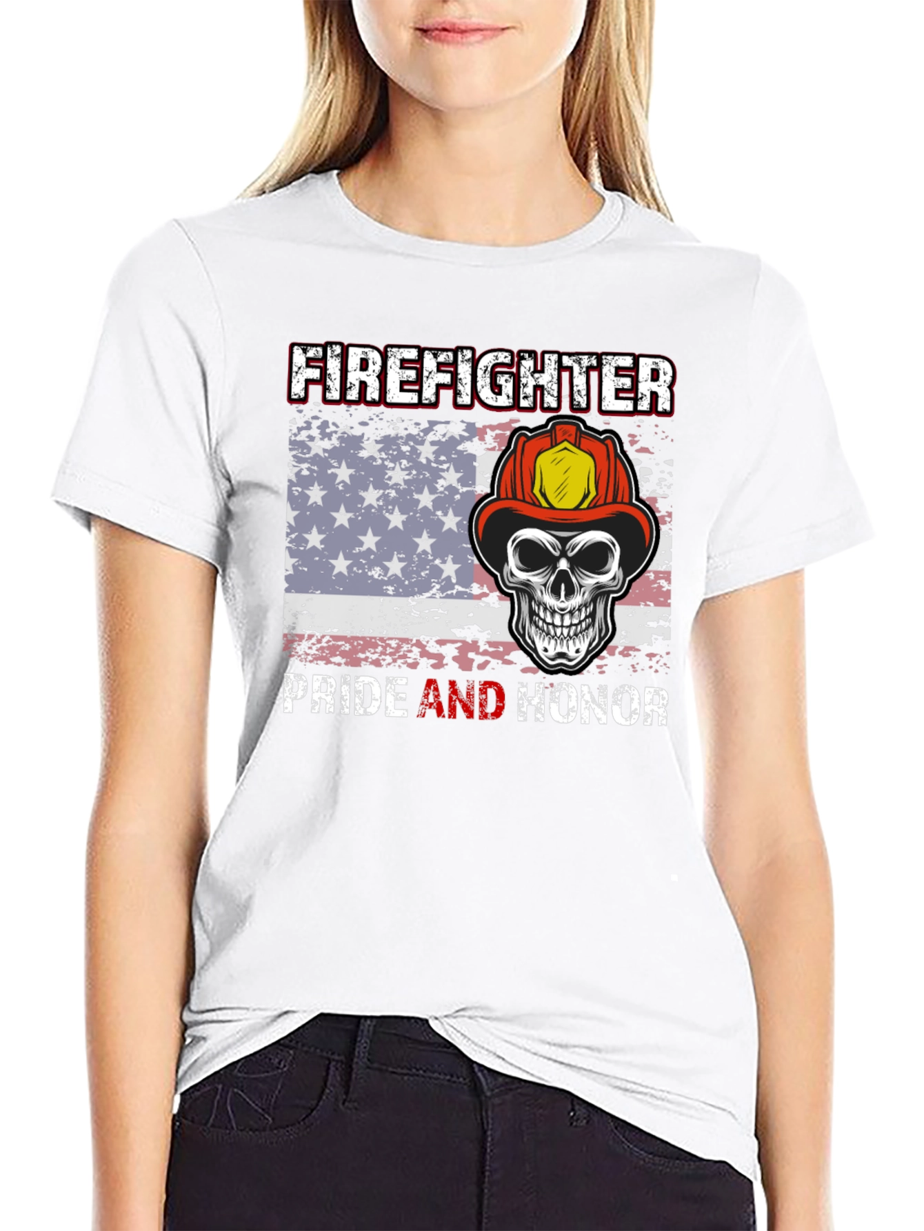 Firefighter Pride T-Shirt Skull & American Flag Design