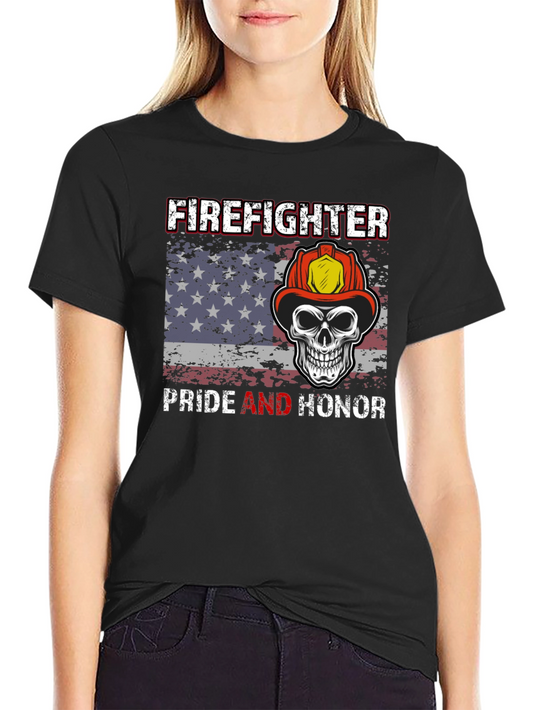 Firefighter Pride T-Shirt Skull & American Flag Design