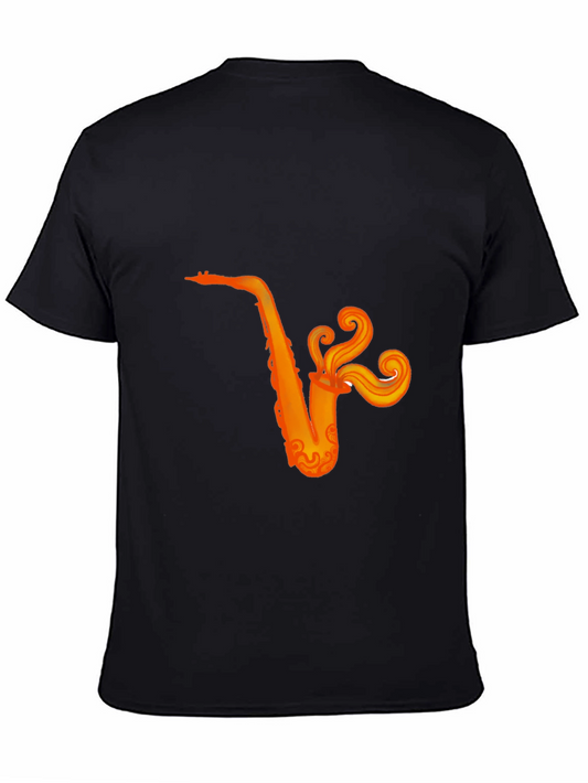 Black T-Shirt with Orange Saxophone Graphic