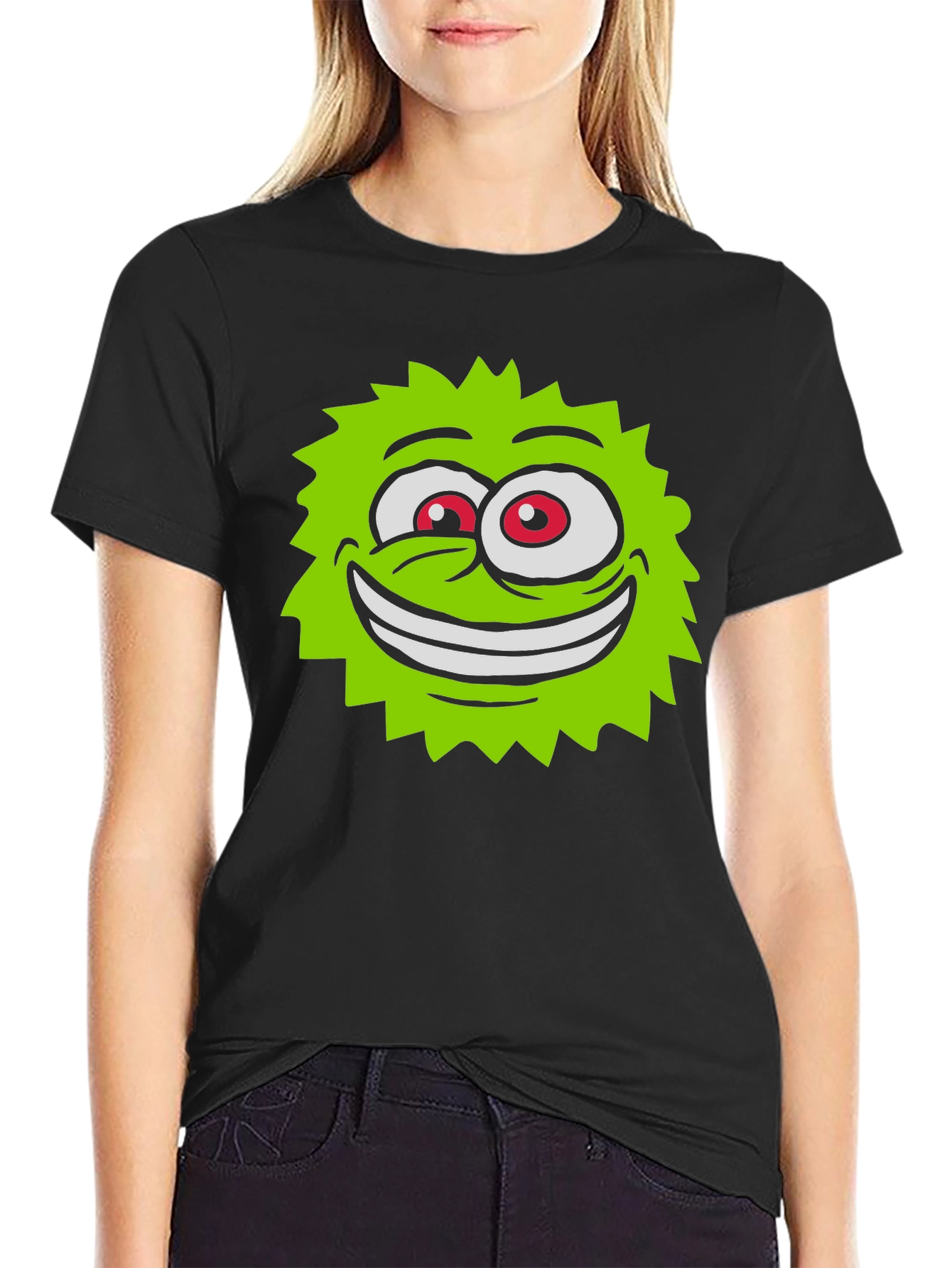 Funny Green Monster Face Black T-Shirt