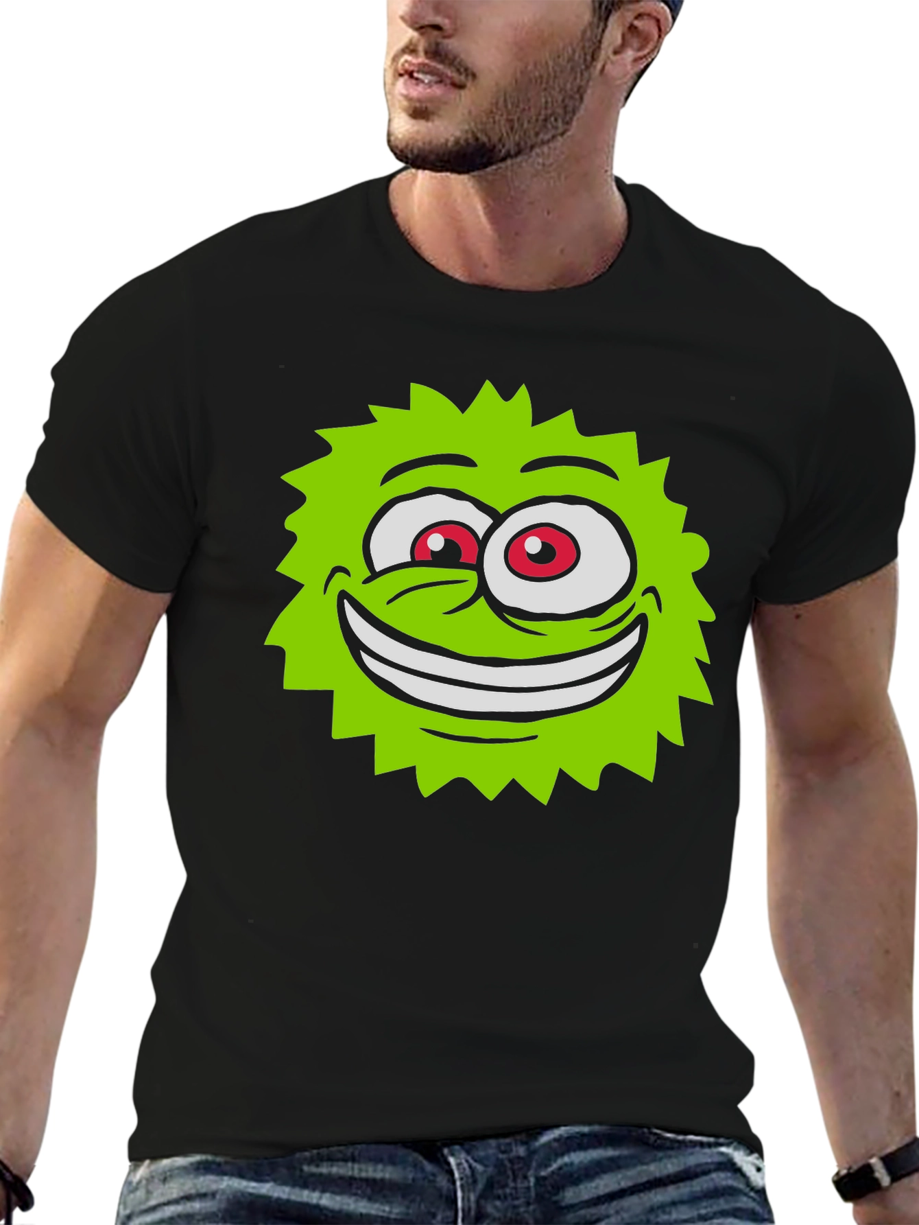 Funny Green Monster Face Black T-Shirt