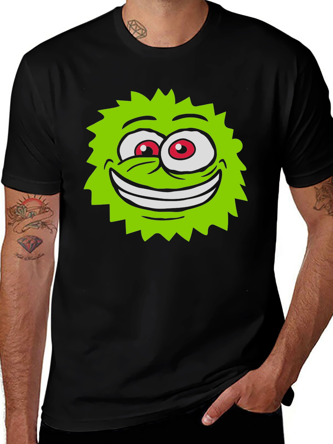 Funny Green Monster Face Black T-Shirt