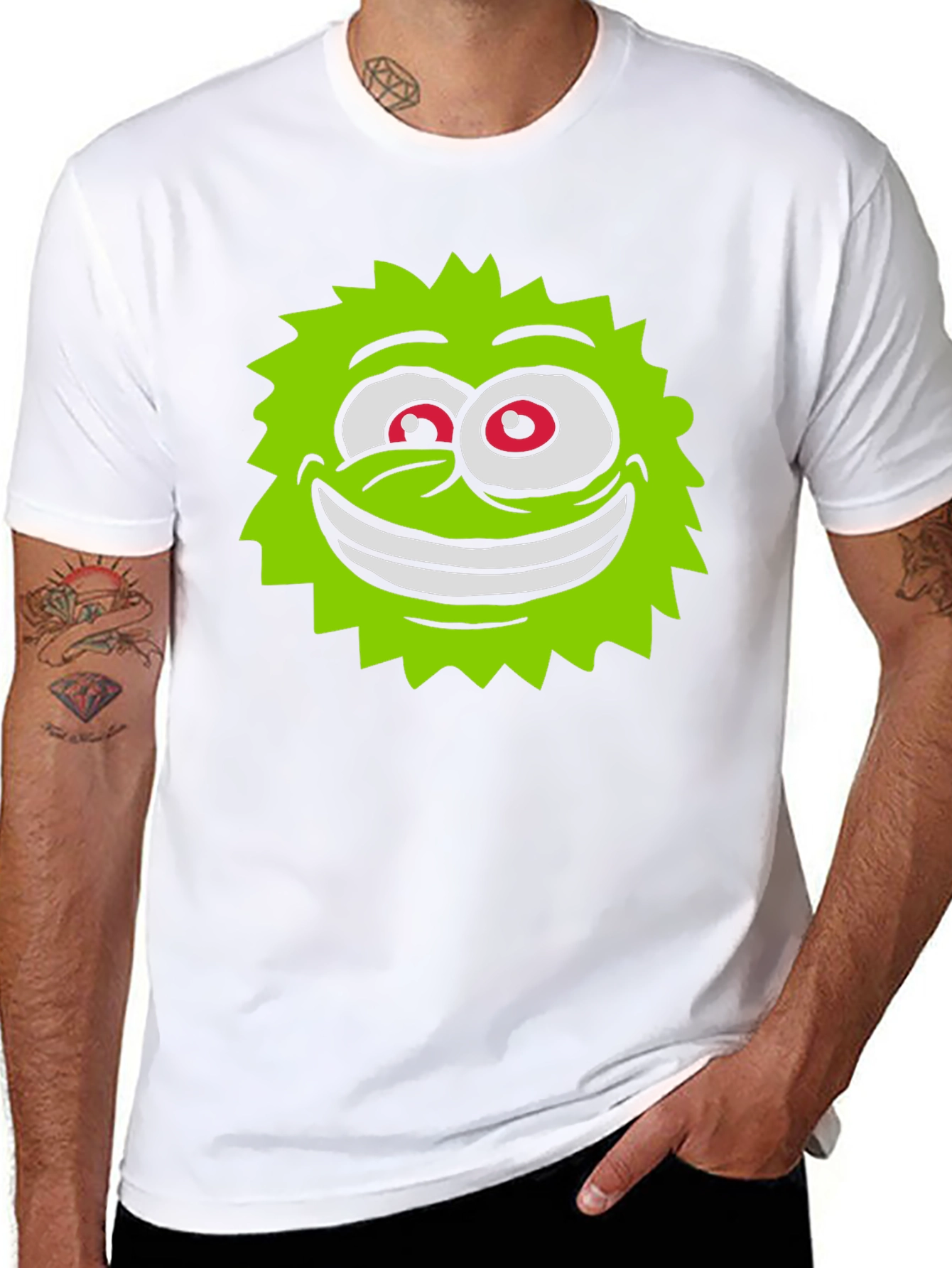 Funny Green Monster Face Black T-Shirt