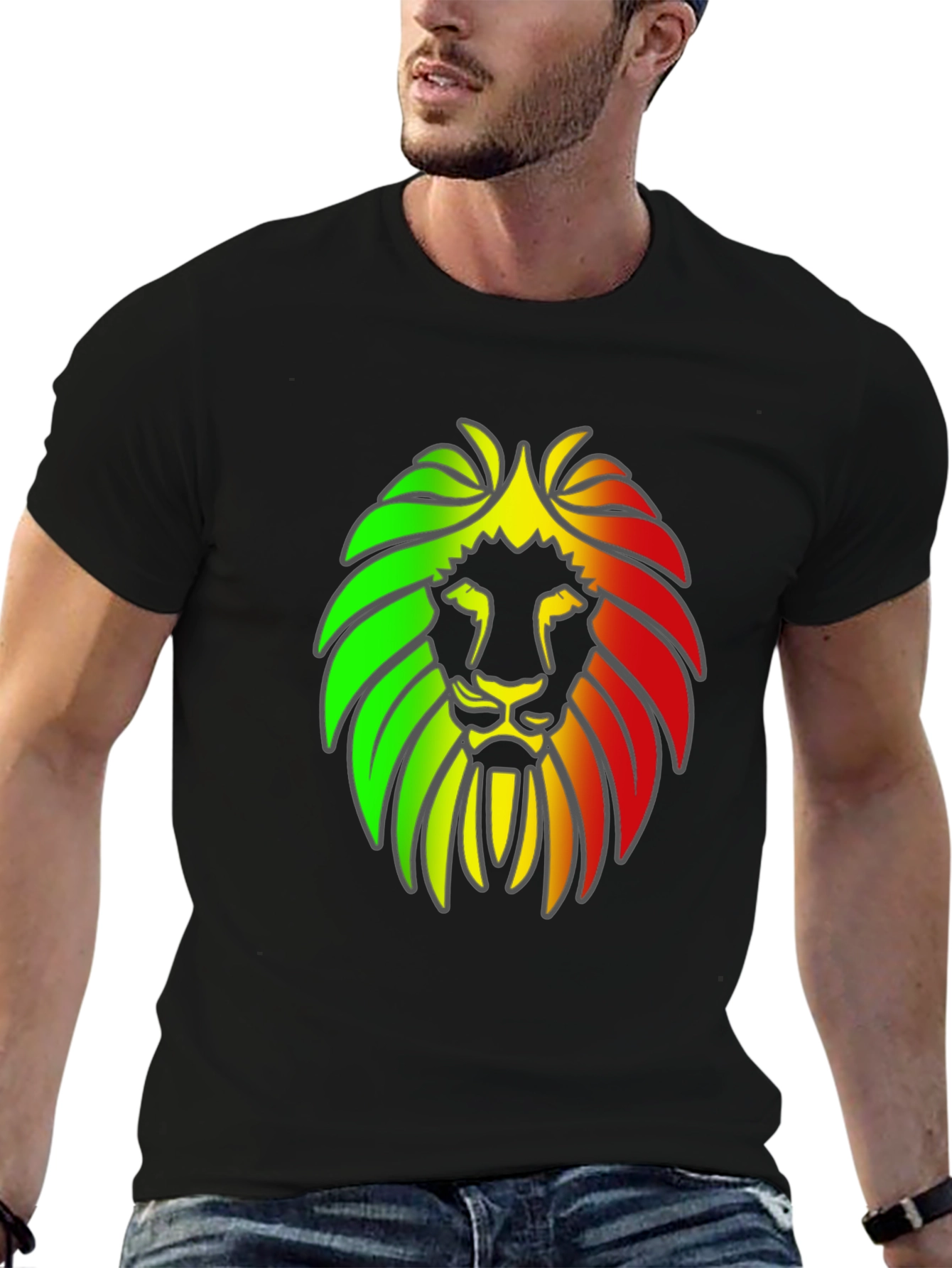 Rasta Lion Head Graphic Print Black T-Shirt