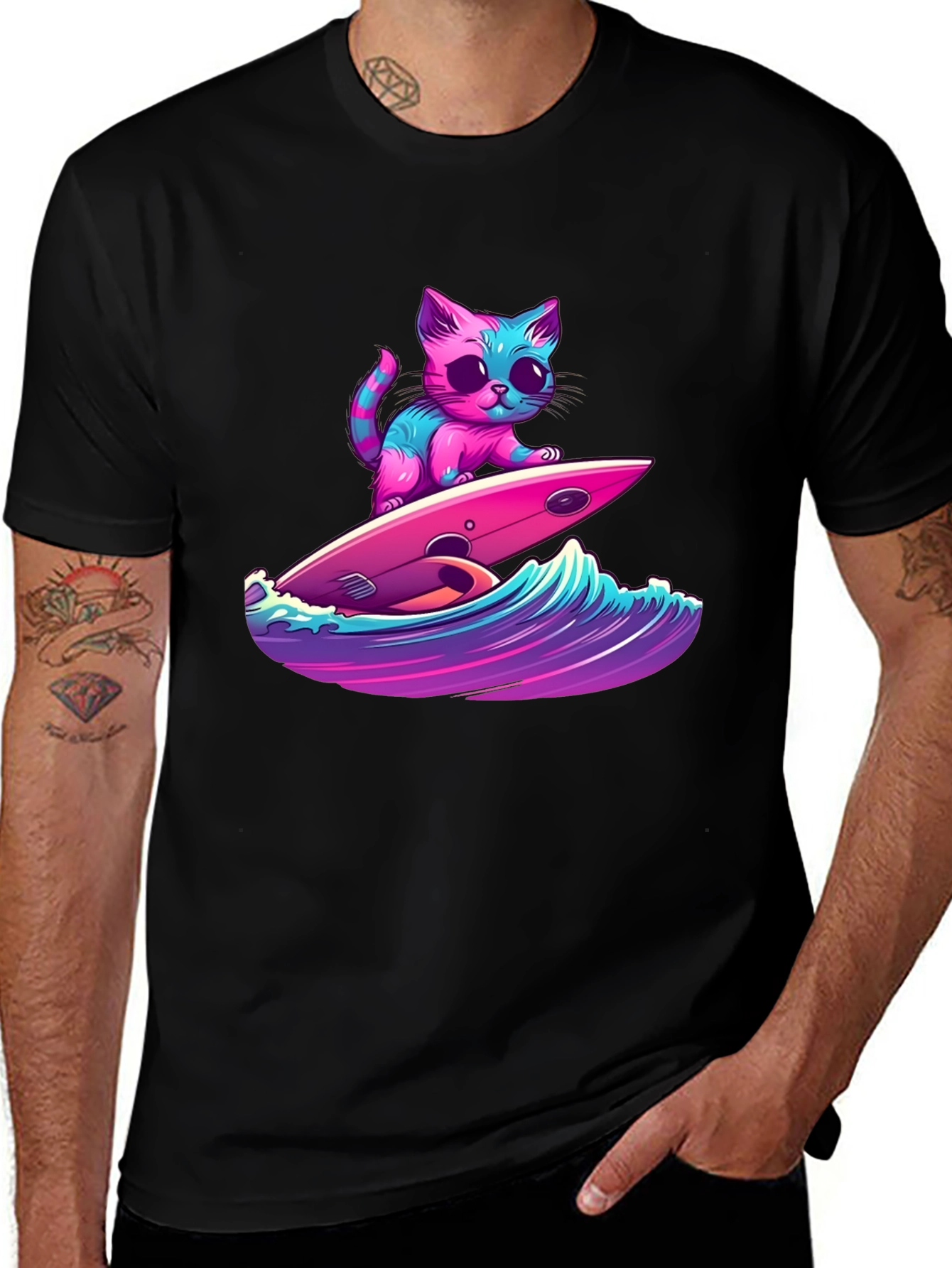 Surfing Cat Graphic Tee - Cool Kitten Design