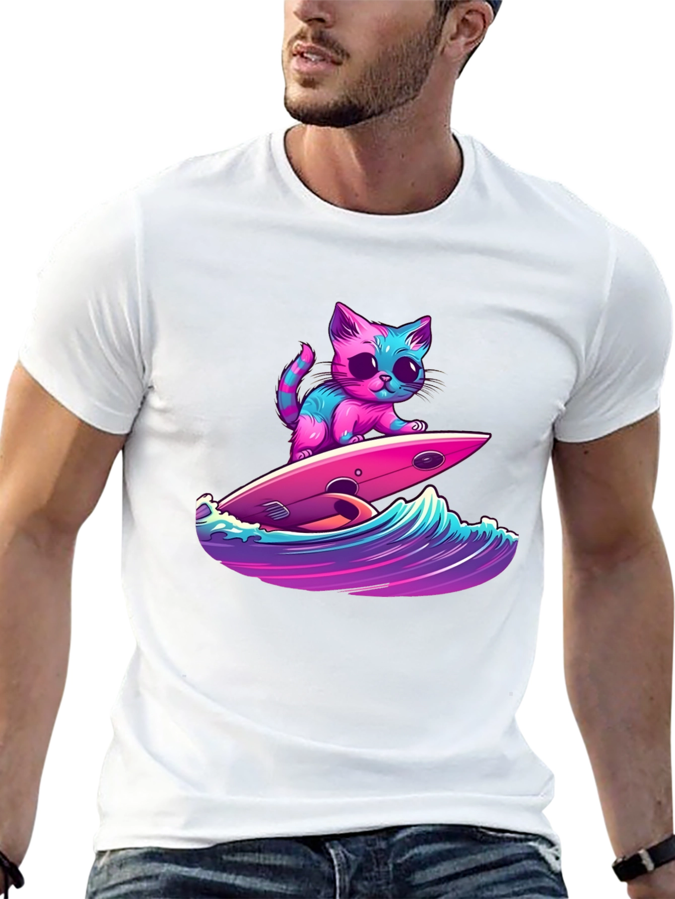 Surfing Cat Graphic Tee - Cool Kitten Design
