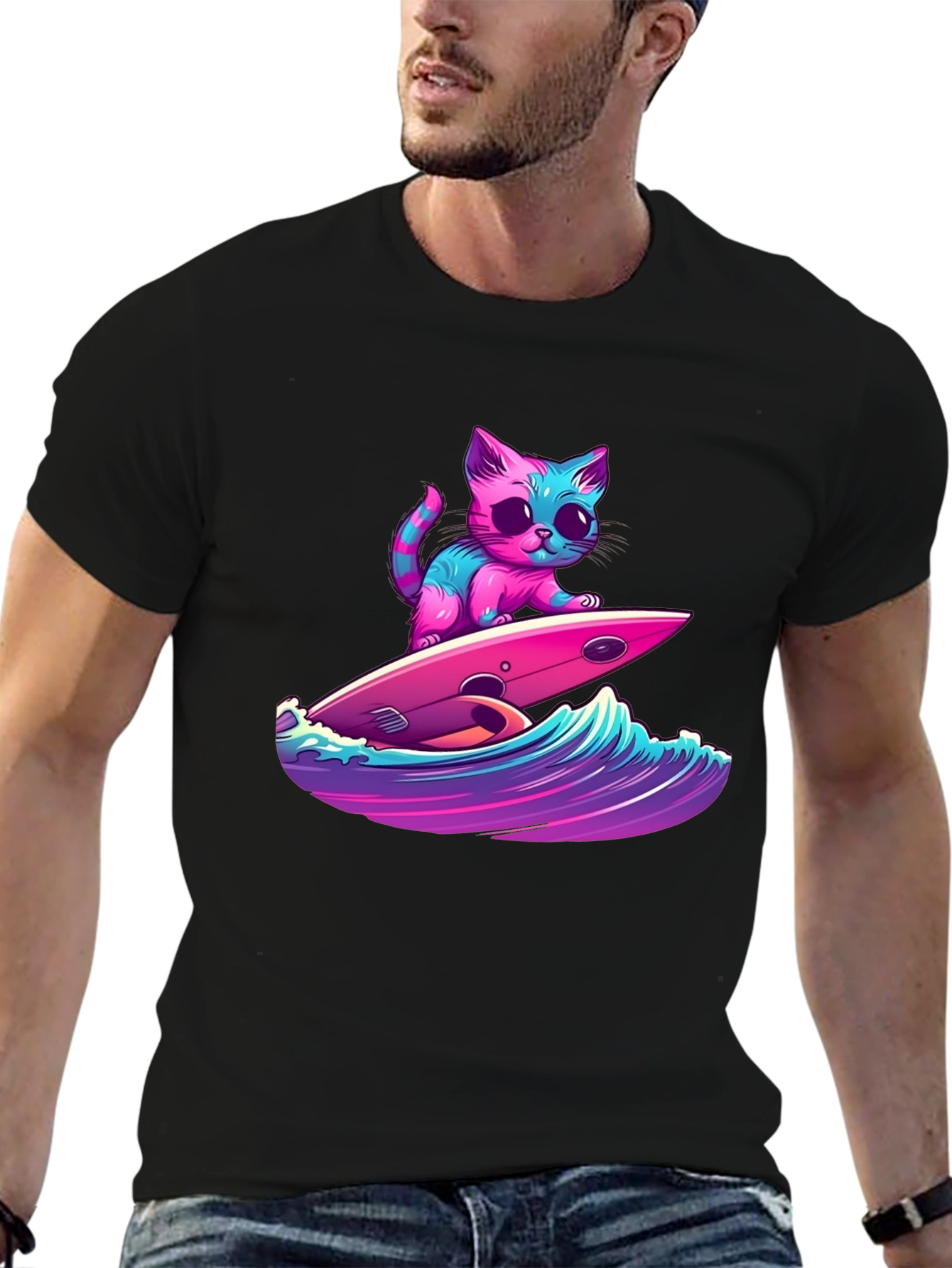 Surfing Cat Graphic Tee - Cool Kitten Design