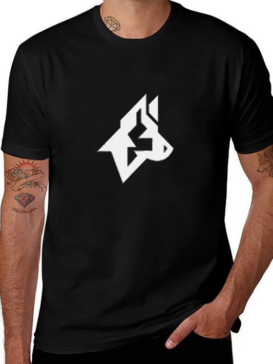 Black T-Shirt with Geometric Wolf Head Design