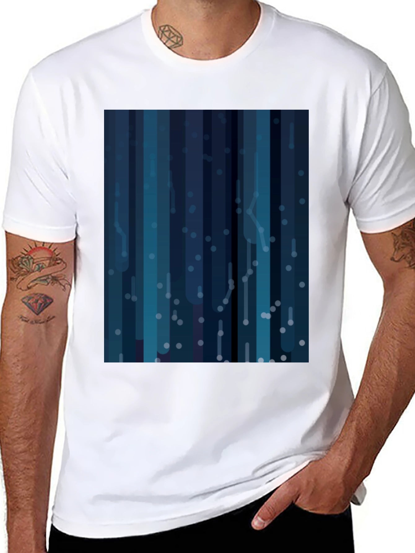 Abstract Blue Striped Mens Black T-Shirt