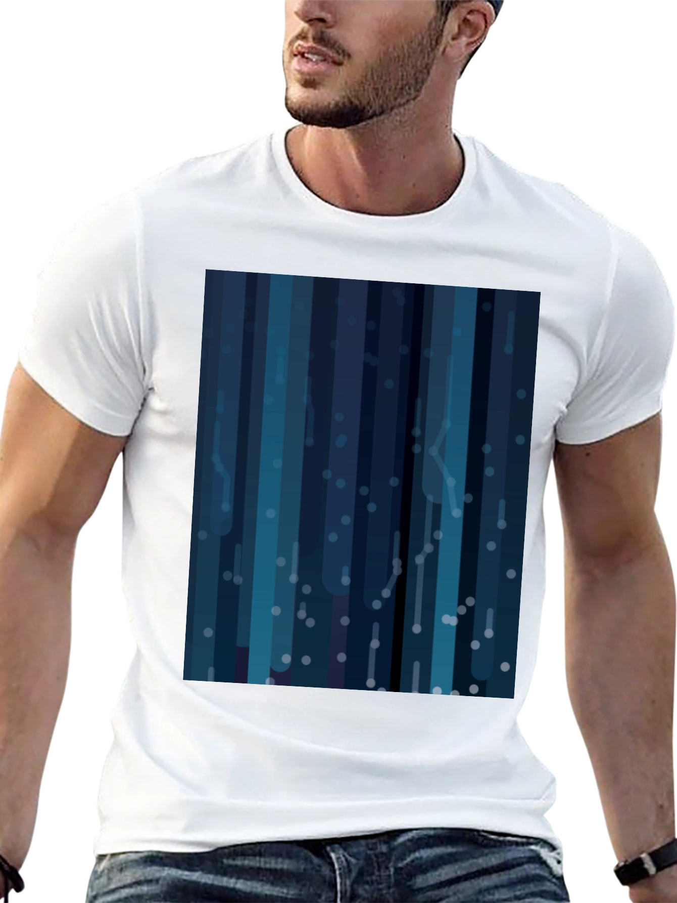 Abstract Blue Striped Mens Black T-Shirt