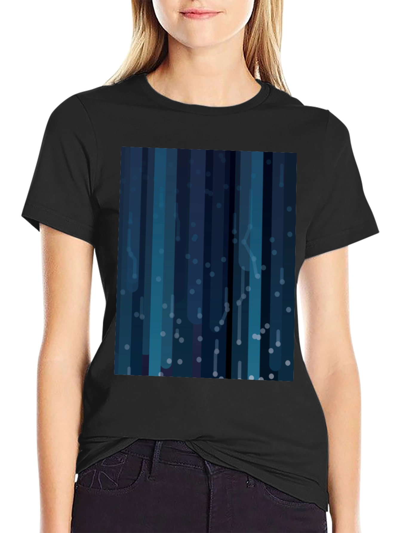 Abstract Blue Striped Mens Black T-Shirt