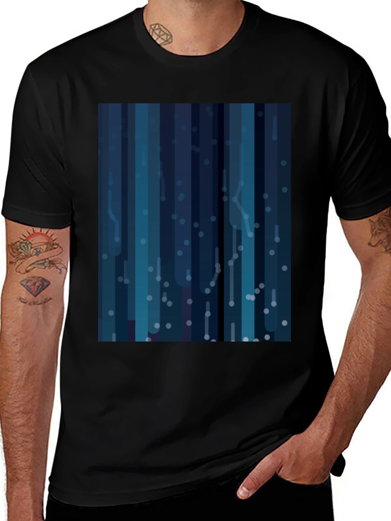 Abstract Blue Striped Mens Black T-Shirt