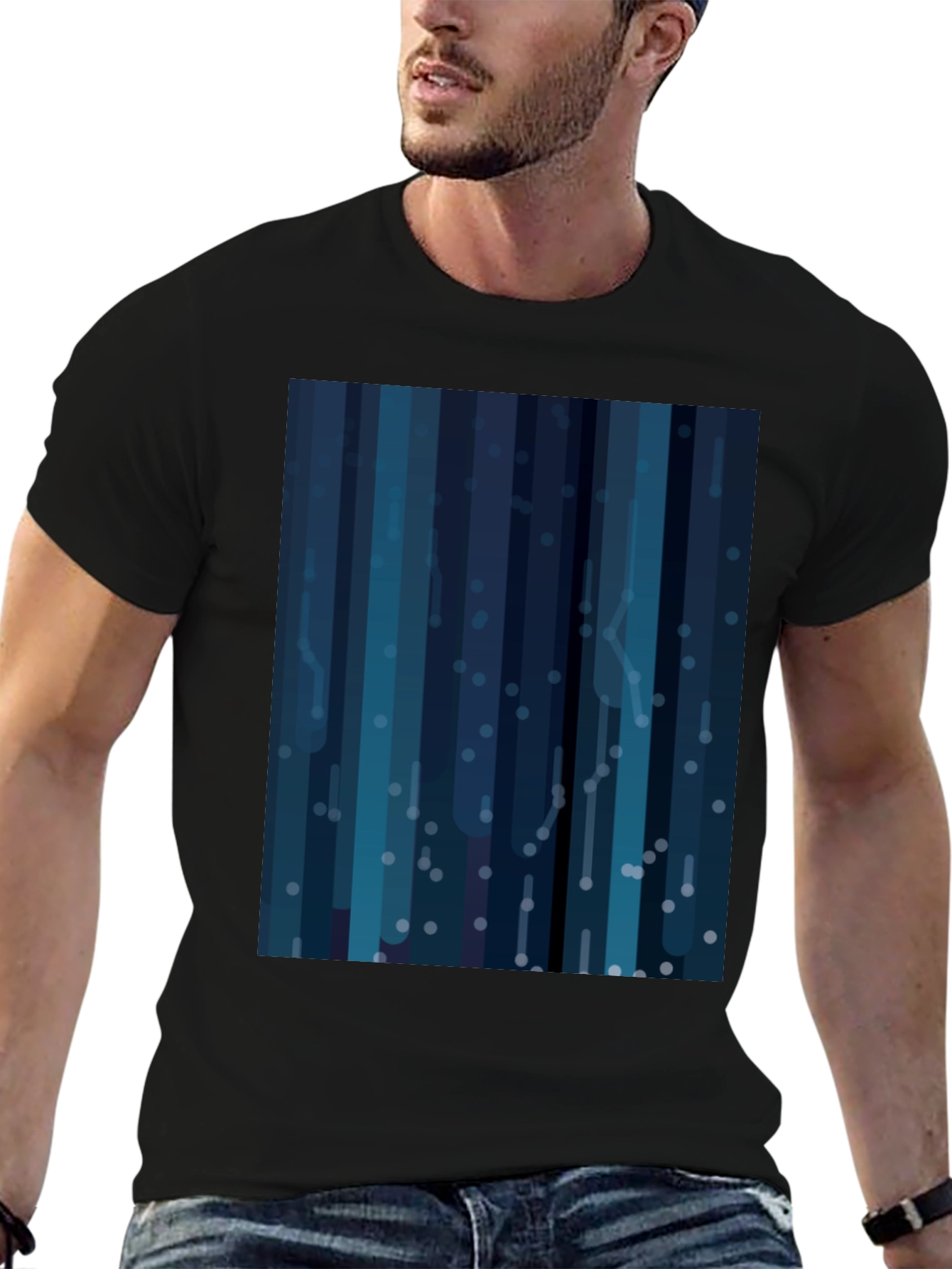 Abstract Blue Striped Mens Black T-Shirt