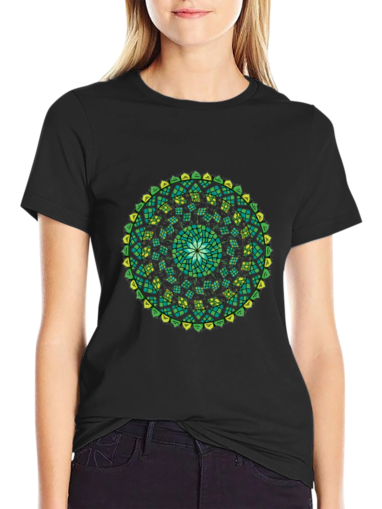 Green Mandala Black T-Shirt