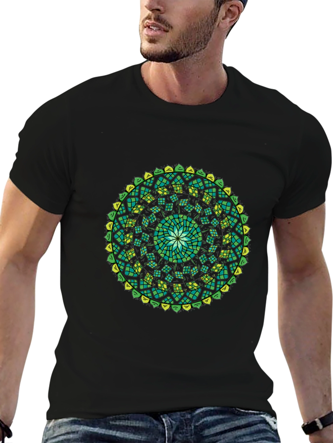 Green Mandala Black T-Shirt