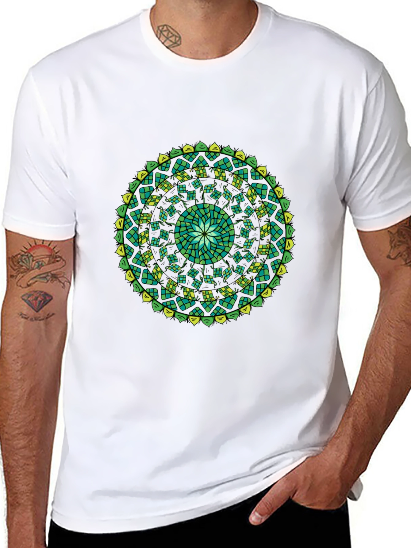 Green Mandala Black T-Shirt