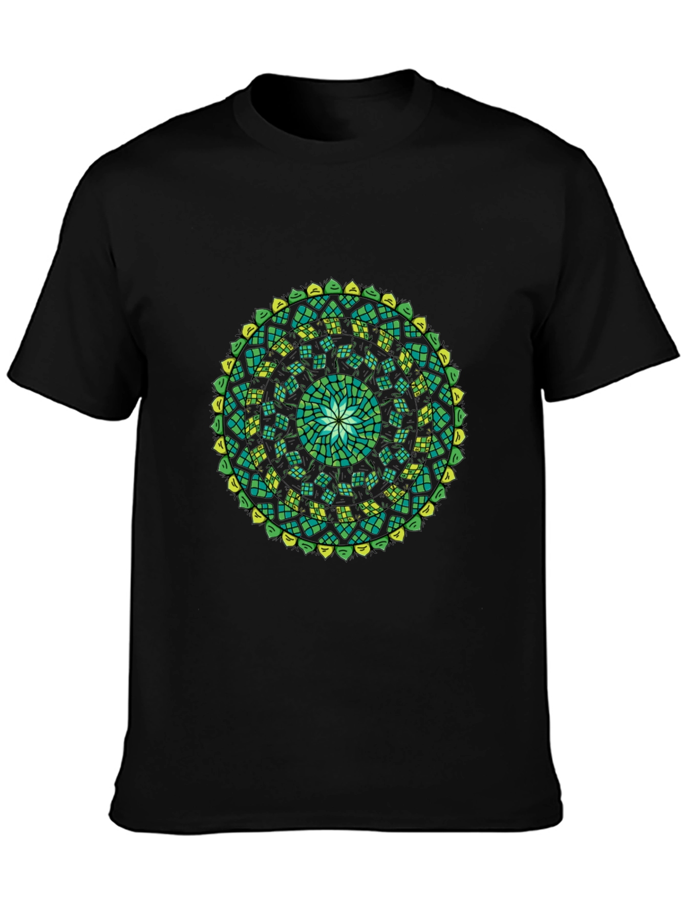 Green Mandala Black T-Shirt