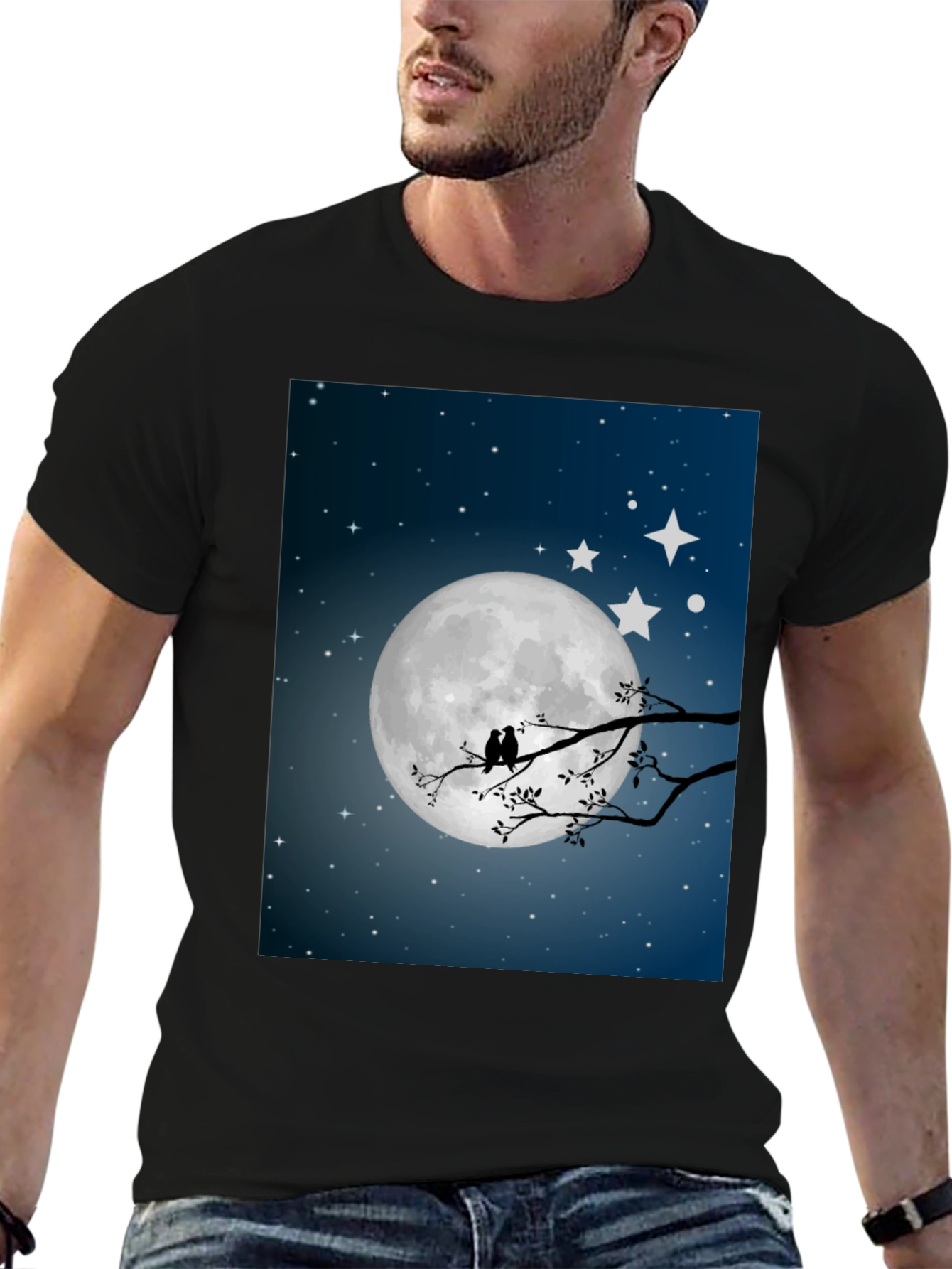 Moonlit Birds Graphic Tee - Black Cotton T-Shirt