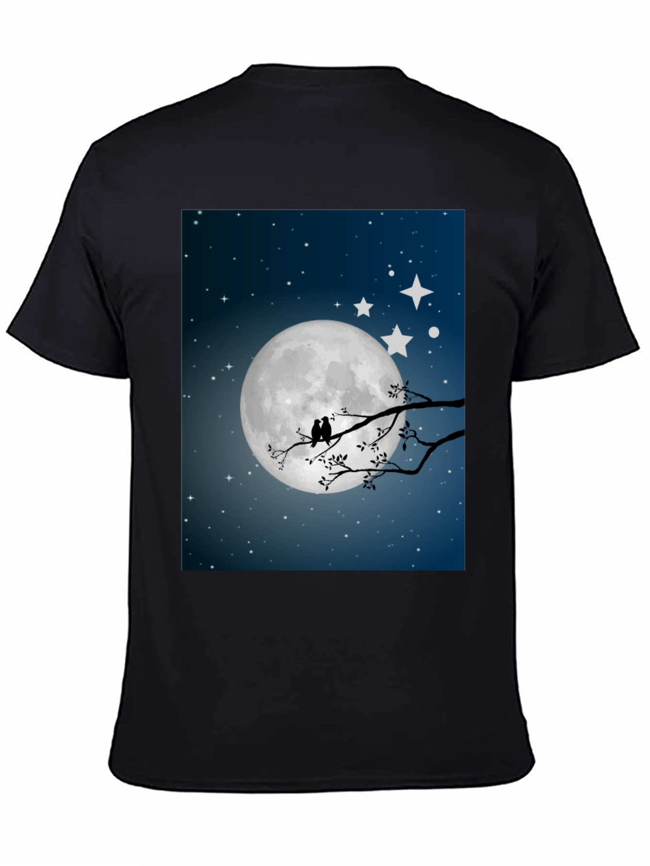 Moonlit Birds Graphic Tee - Black Cotton T-Shirt