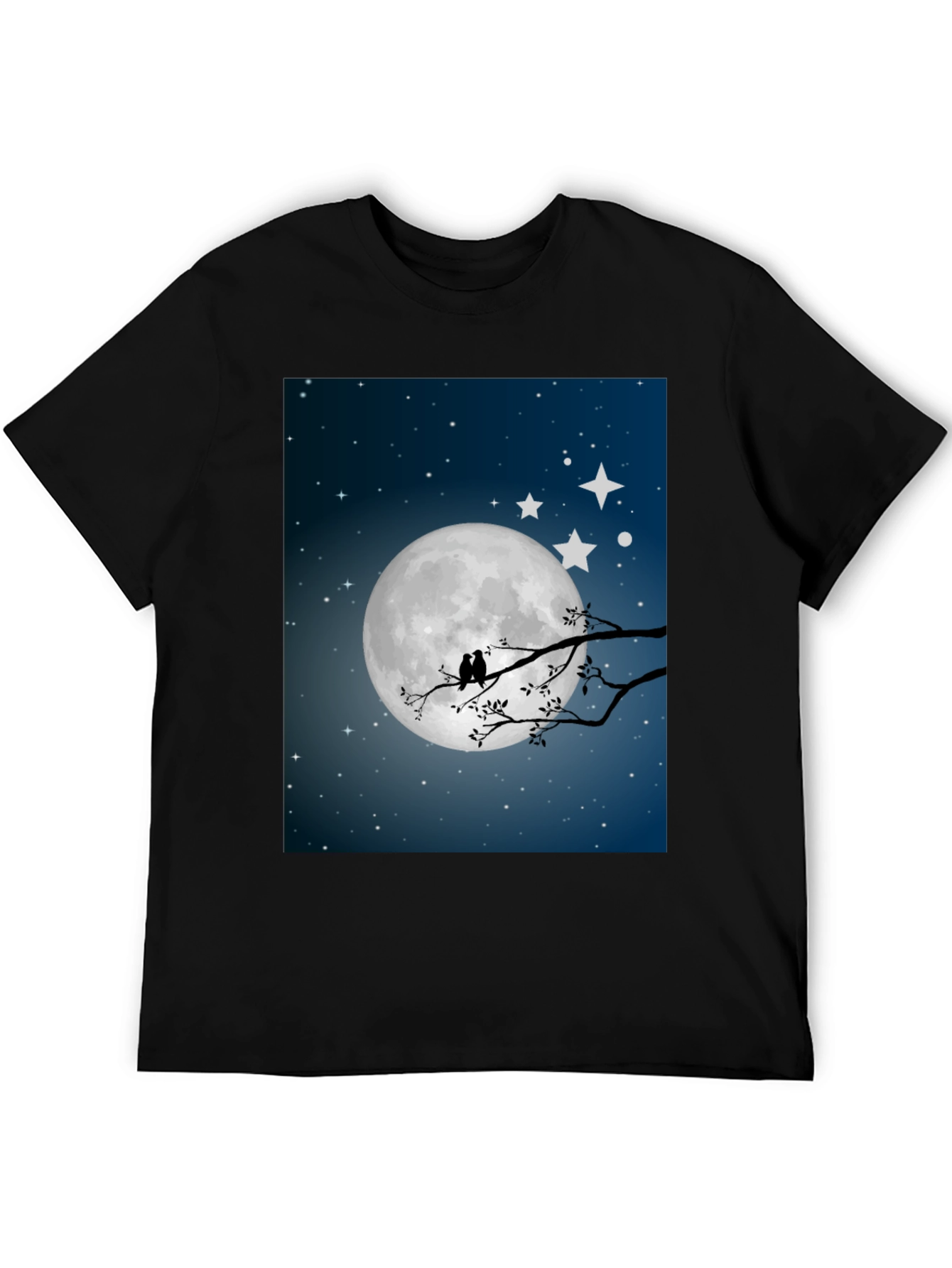 Moonlit Birds Graphic Tee - Black Cotton T-Shirt