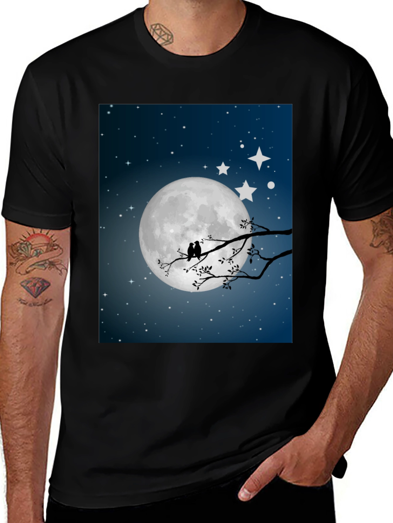 Moonlit Birds Graphic Tee - Black Cotton T-Shirt