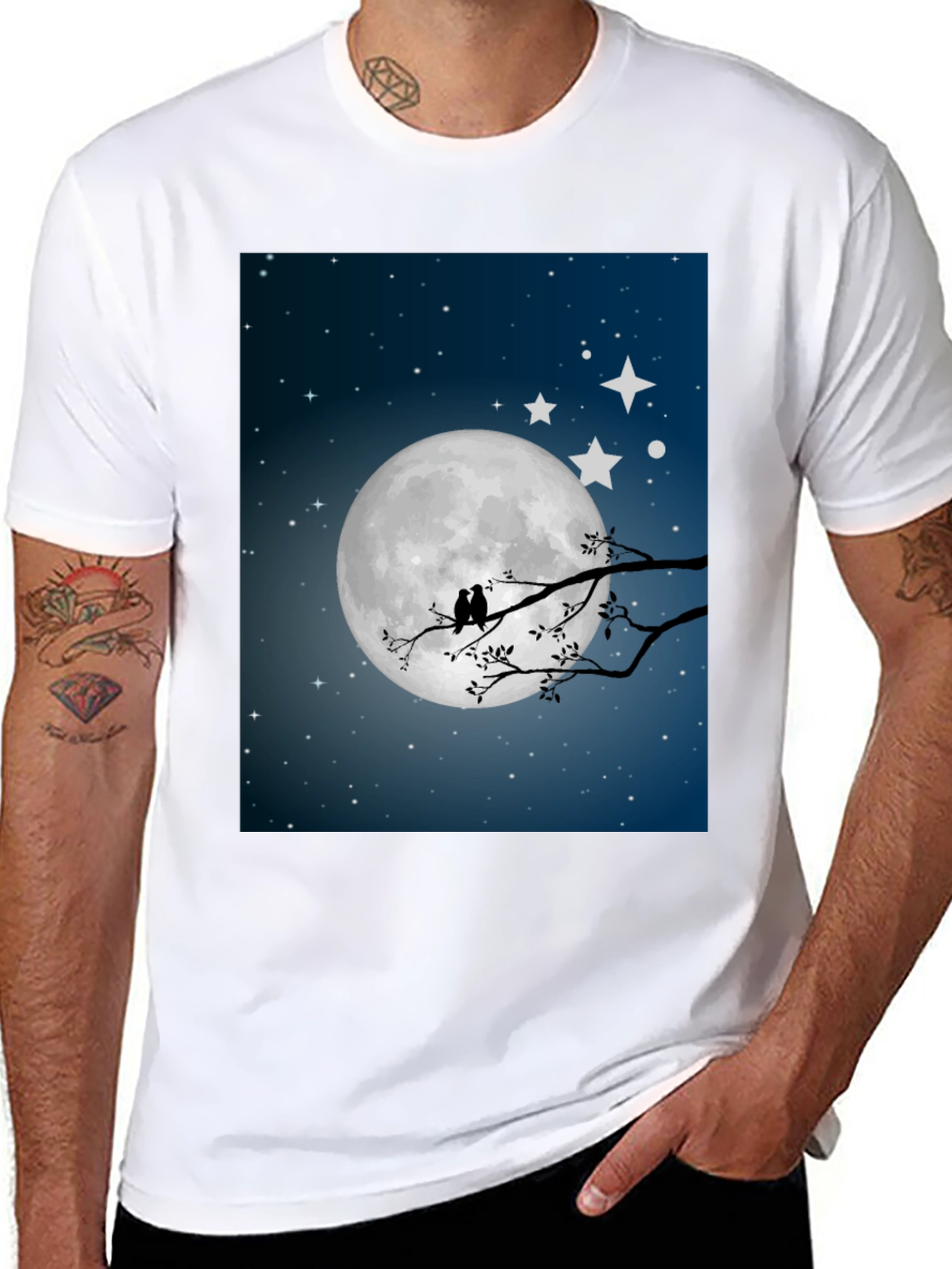 Moonlit Birds Graphic Tee - Black Cotton T-Shirt