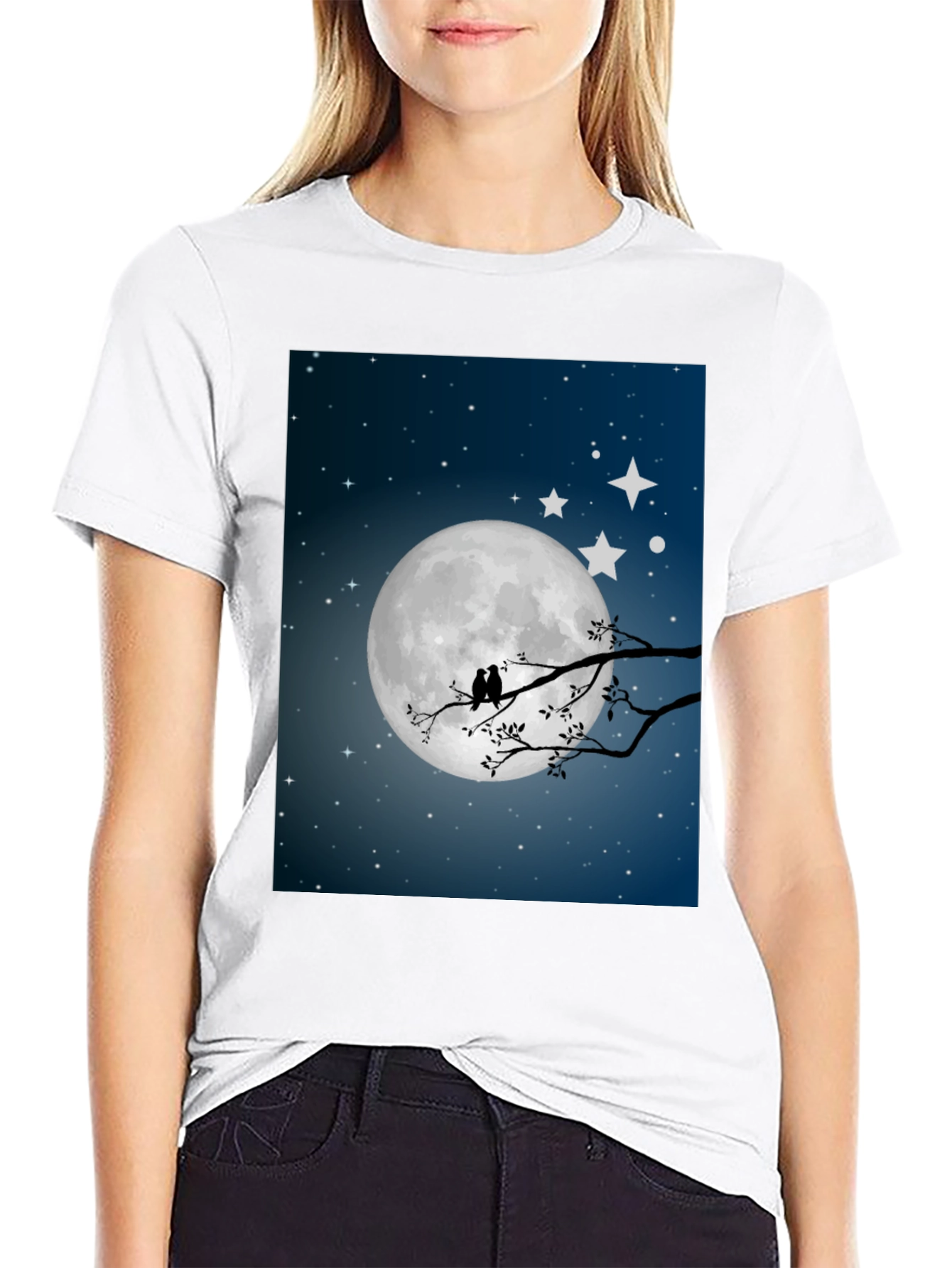 Moonlit Birds Graphic Tee - Black Cotton T-Shirt