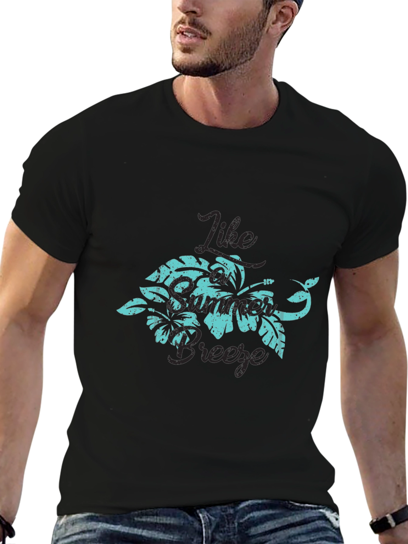 Tropical Breeze Graphic Tee - Black Cotton T-Shirt