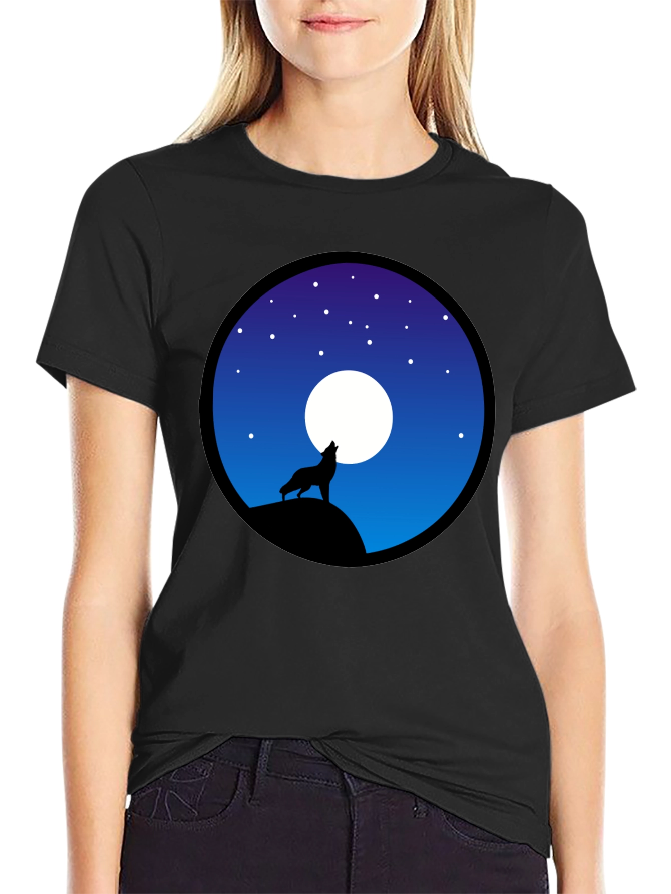 Wolf Howling at Moon Graphic T-Shirt - Black