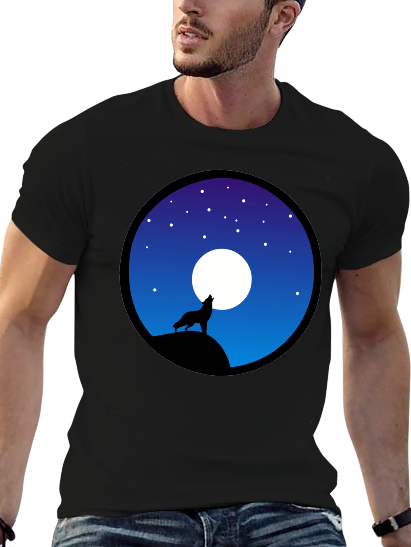 Wolf Howling at Moon Graphic T-Shirt - Black