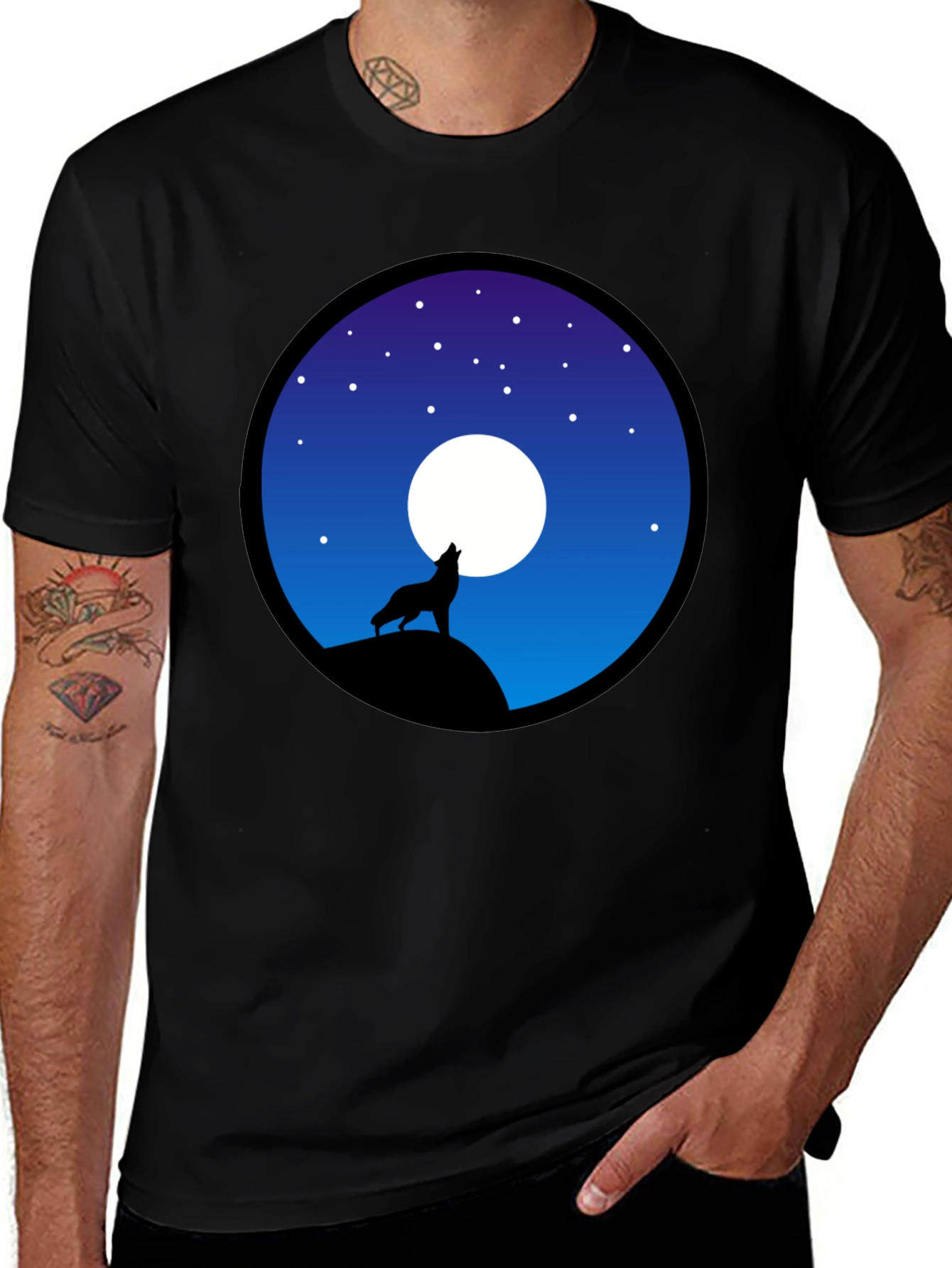 Wolf Howling at Moon Graphic T-Shirt - Black