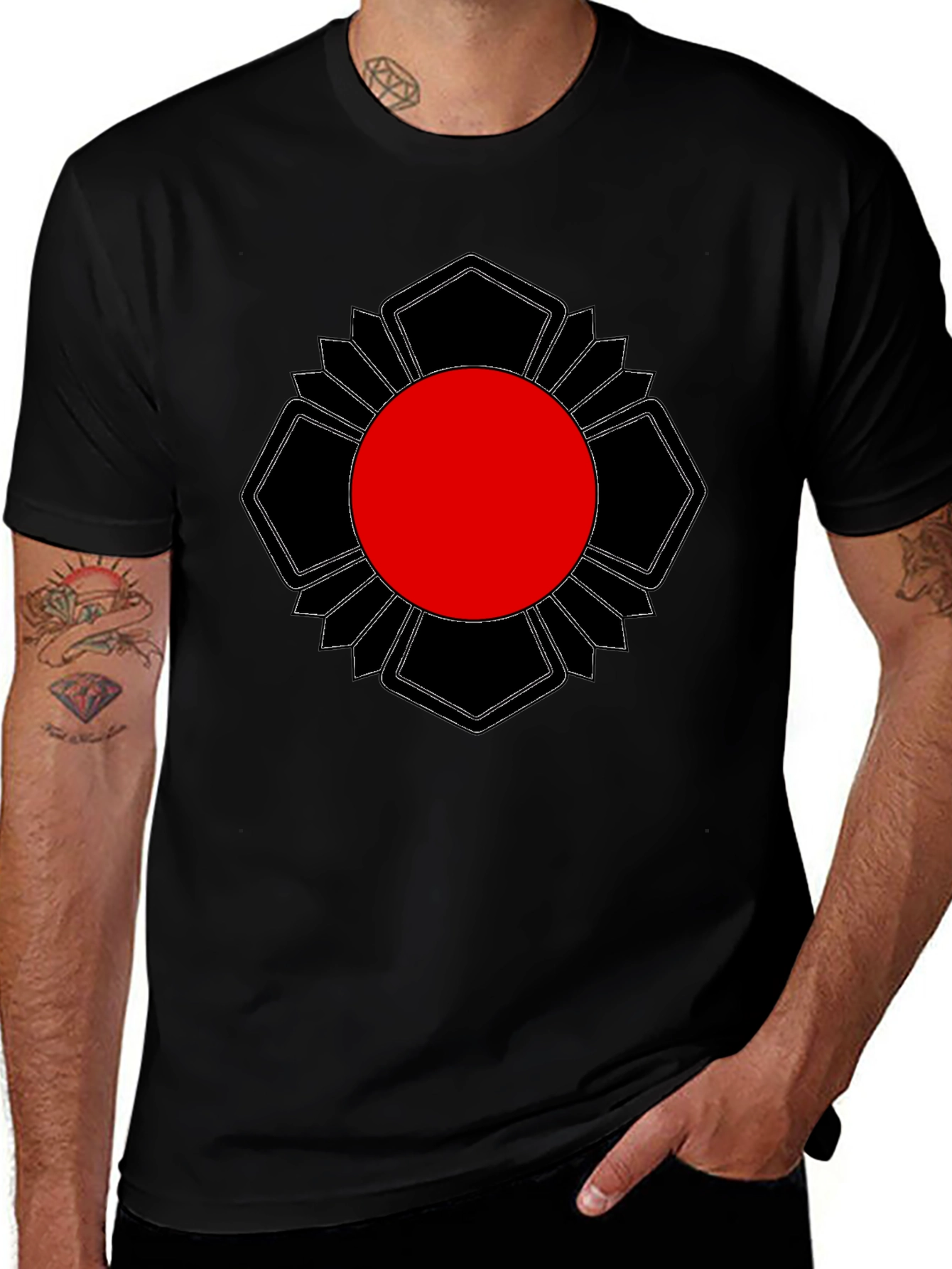 Black T-Shirt with Red Sun Graphic