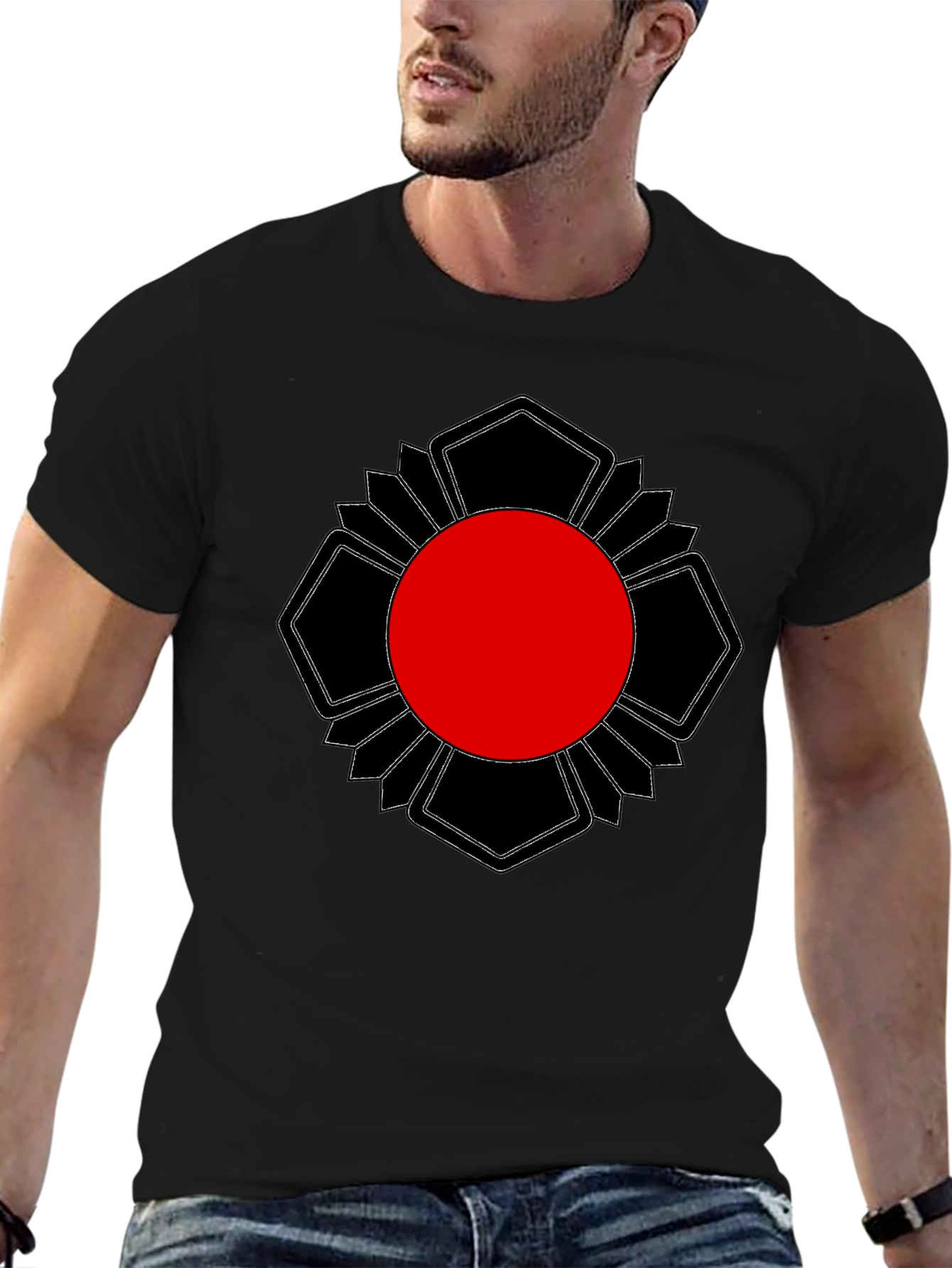 Black T-Shirt with Red Sun Graphic