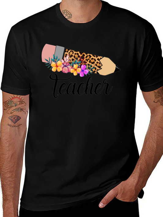 Floral Teacher Pencil Graphic Tee - Black