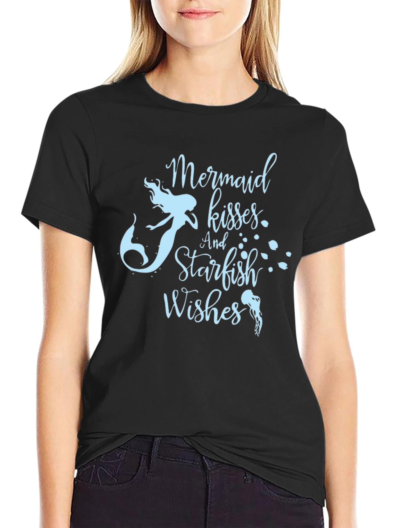 Mermaid Kisses & Starfish Wishes Black T-Shirt