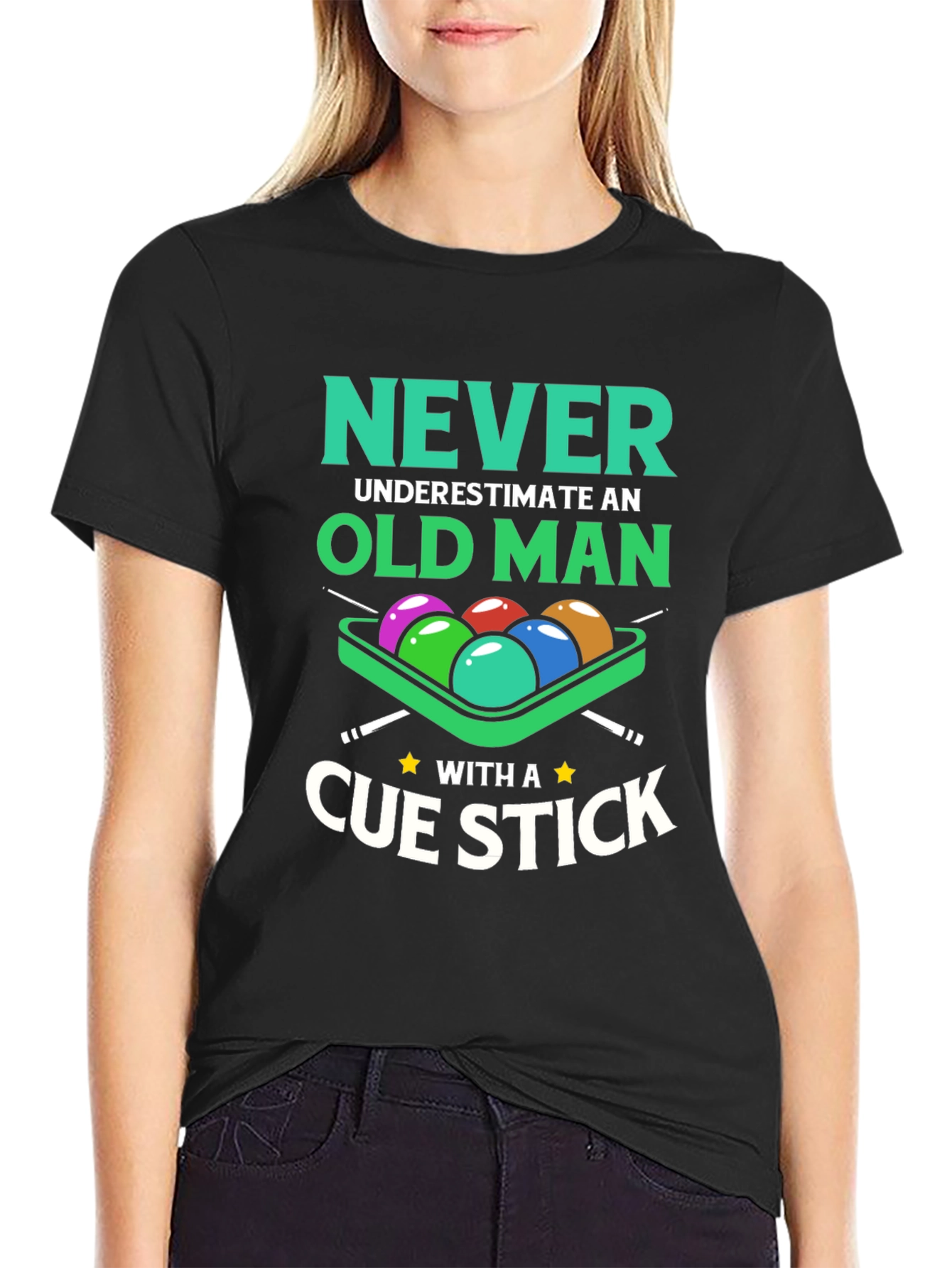 Never Underestimate Old Man Cue Stick Graphic Tee